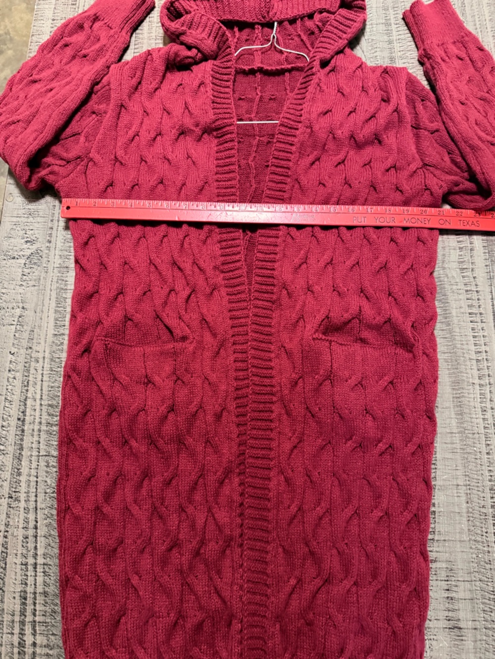 Hooded Cable-Knit Long Cardigan Sweater - Raspberry Maroon - Picture 7 of 10